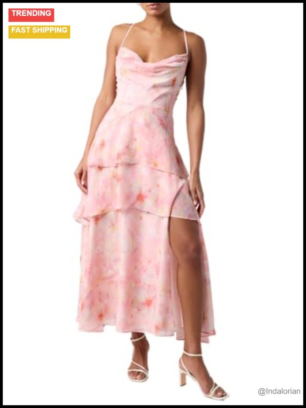 Lulus Lilia Tiered Maxi Dress Lace Up Back Chiffon Side Slit Cocktail Party